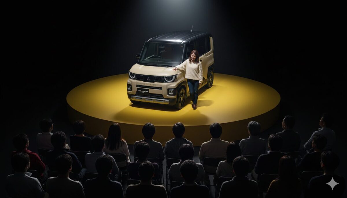 ステージに置かれたデリカミニと傍に立つ女性