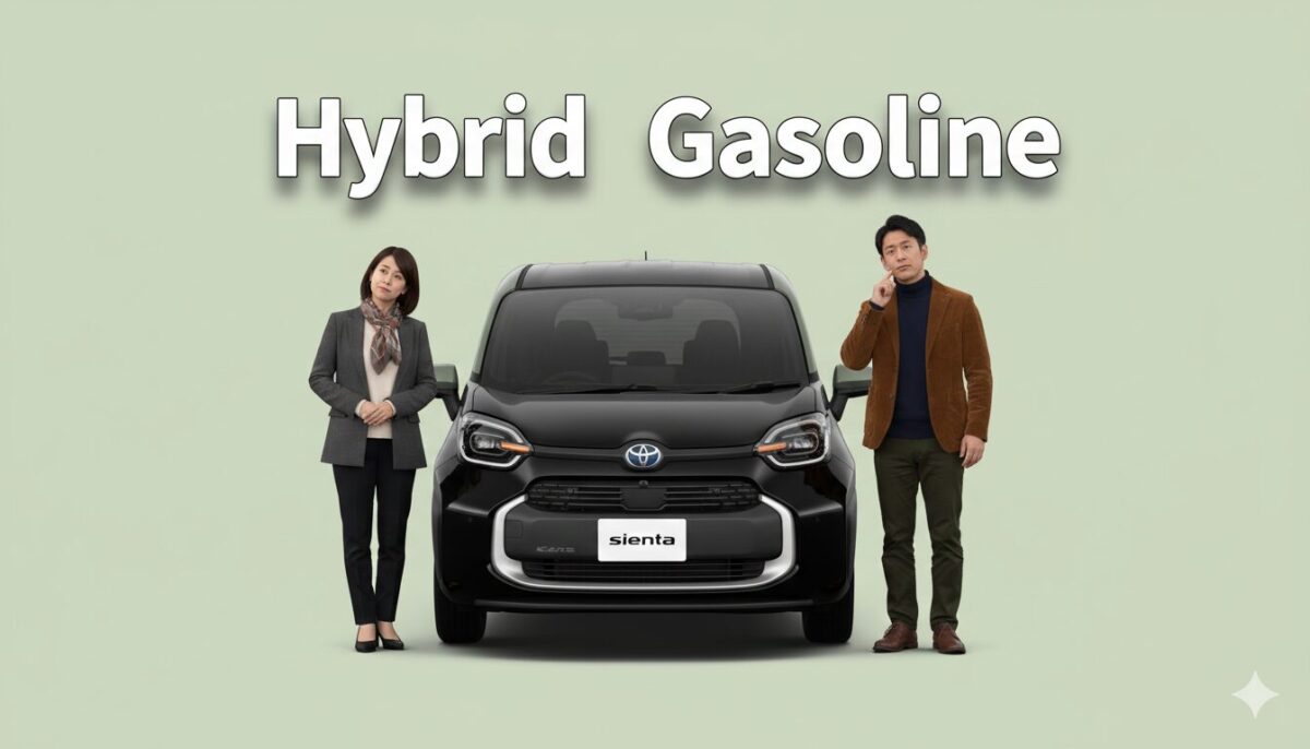 シエンタの横で疑問の表情を浮かべた男女が佇んでいる