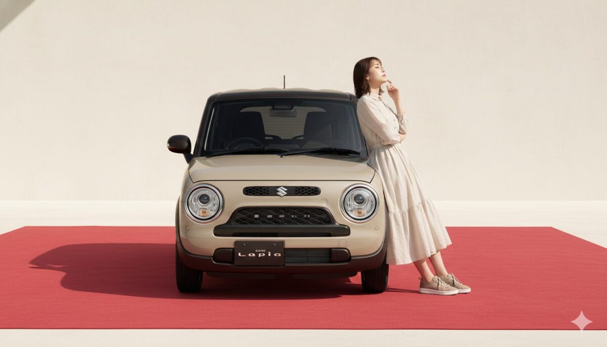 ラパンLCに寄りかかって考え事をしている女性