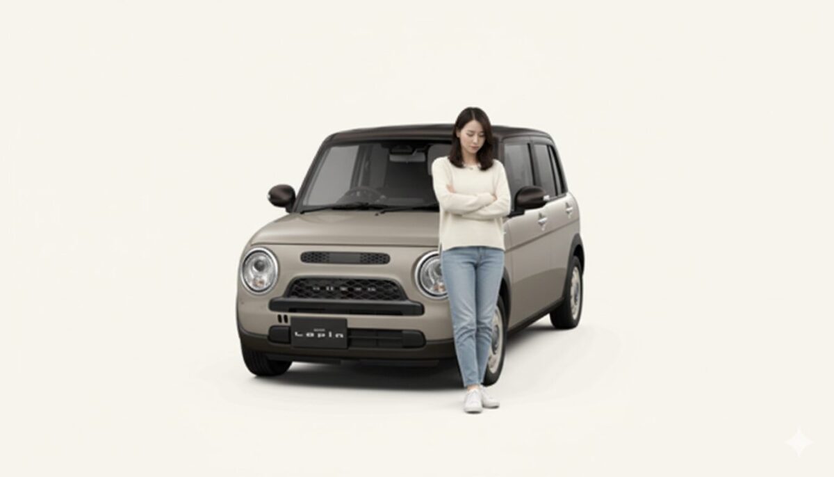 ラパンLCの前で悩んでいる女性