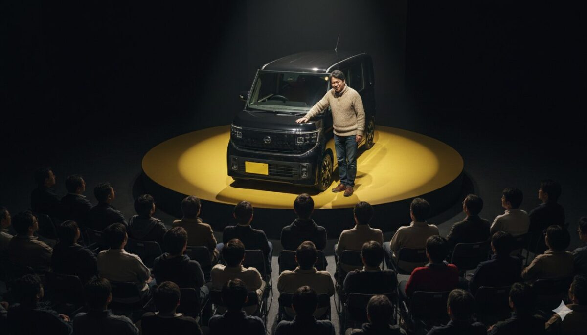 ステージに置かれたルークスと客席を見わたす男性