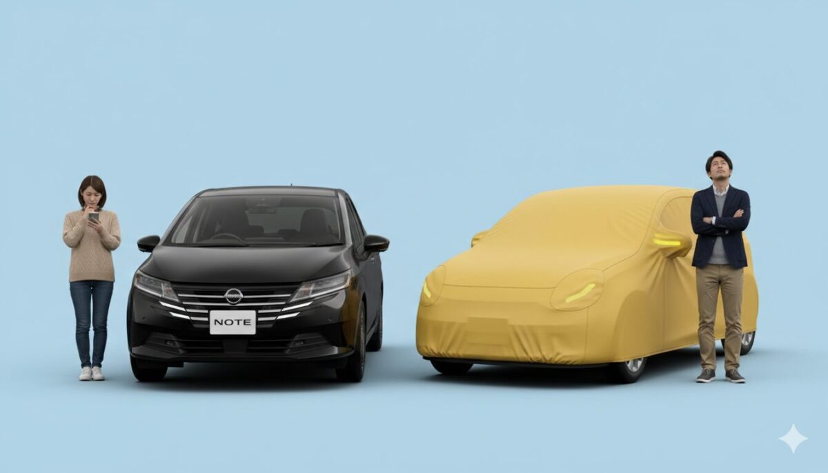 ノートとカバーが掛かった軽自動車の前で悩む男女