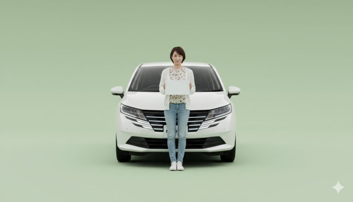 ノートの前で白ナンバーを持つ女性