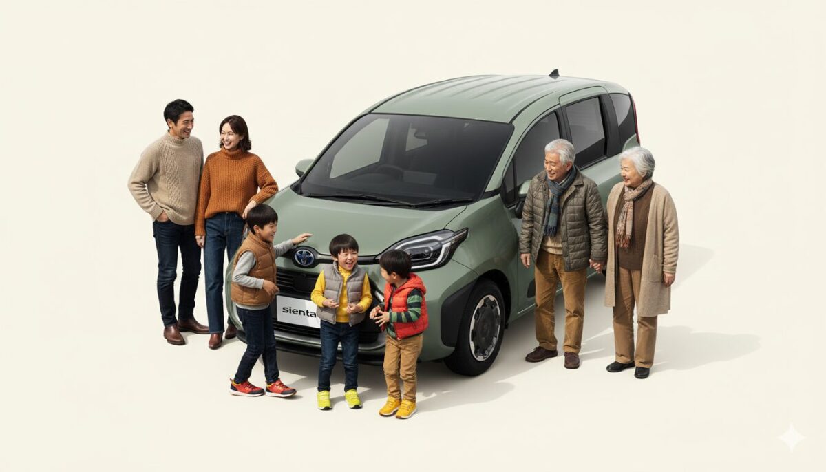 シエンタの周りに立つ祖父母と両親と子供たち