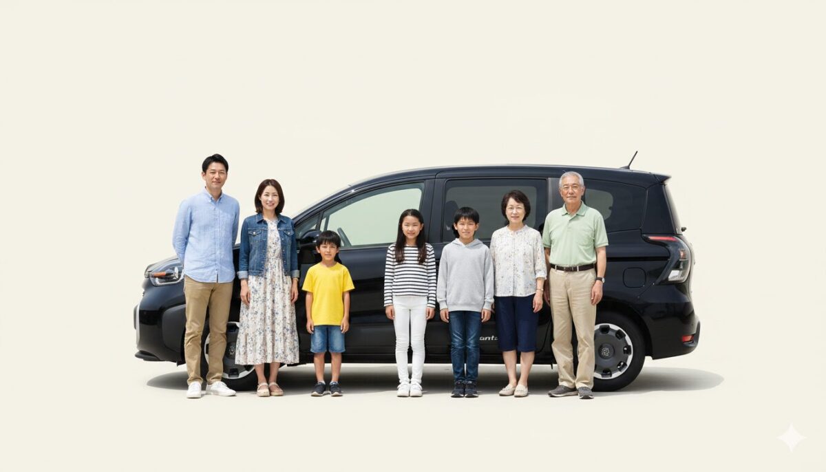 シエンタの前に並ぶ7人家族