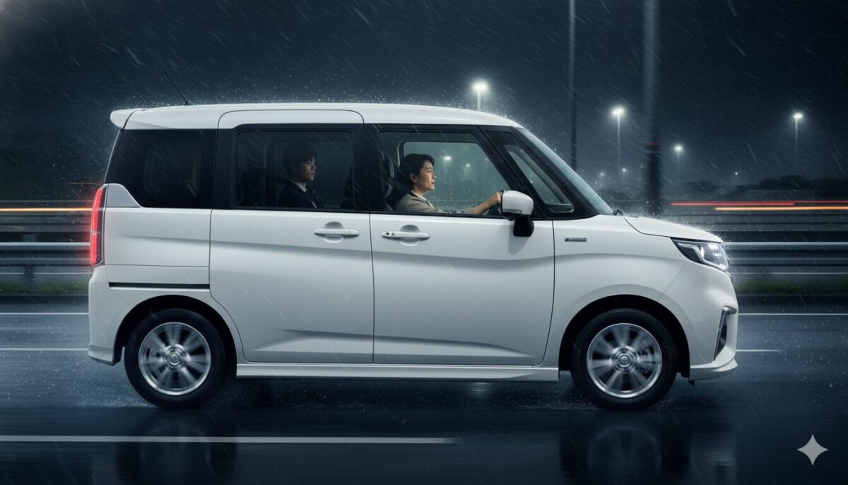 夜の高速道路を息子を載せてソリオで走行する中年女性