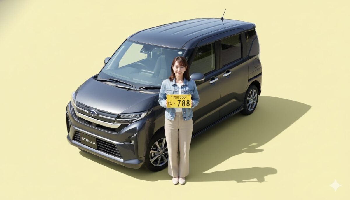 ステラの前で黄色いナンバープレートを持つ女性