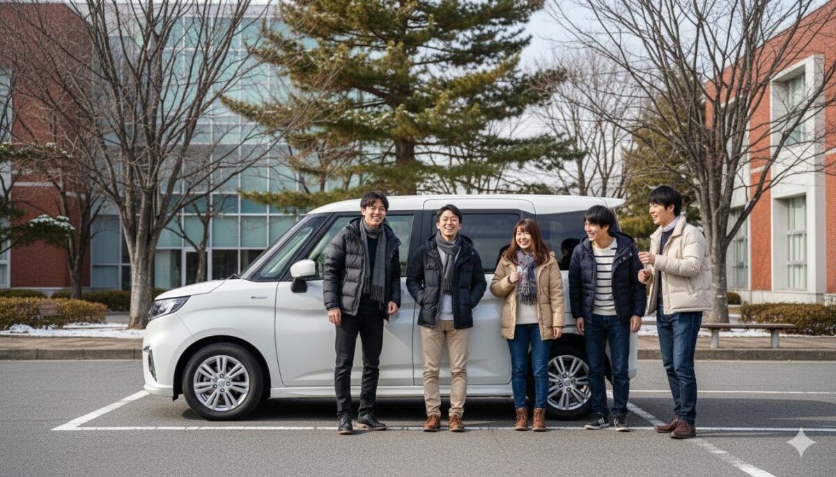 停車したソリオの前に立つ5人の大学生たち