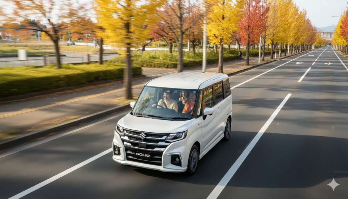 街路樹が紅葉する国道を走る白いソリオ