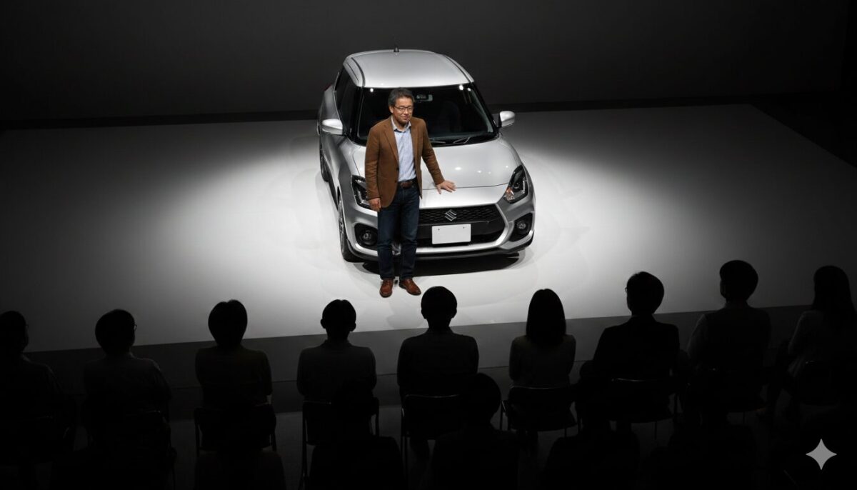 ステージ上のスイフトスポーツと脇に立つ中年男性