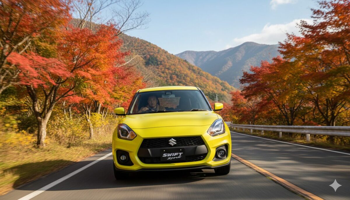 紅葉する峠道を走るスイフトスポーツ