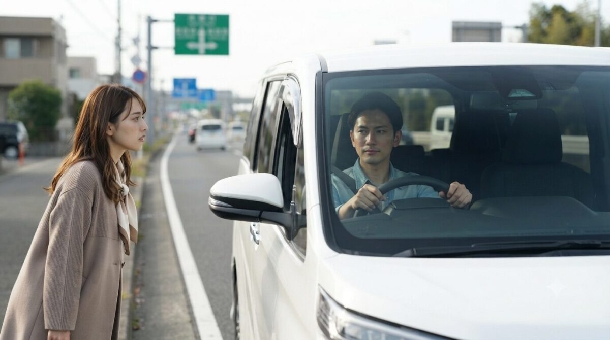 デートの待ち合わせにヴェルファイアでやってきた男性と待っている女性