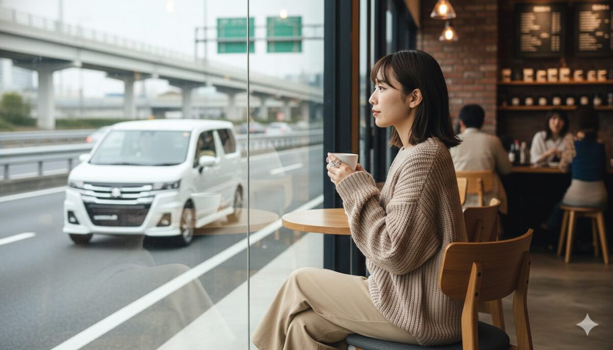 カフェの前を走るワゴンRを眺める女性