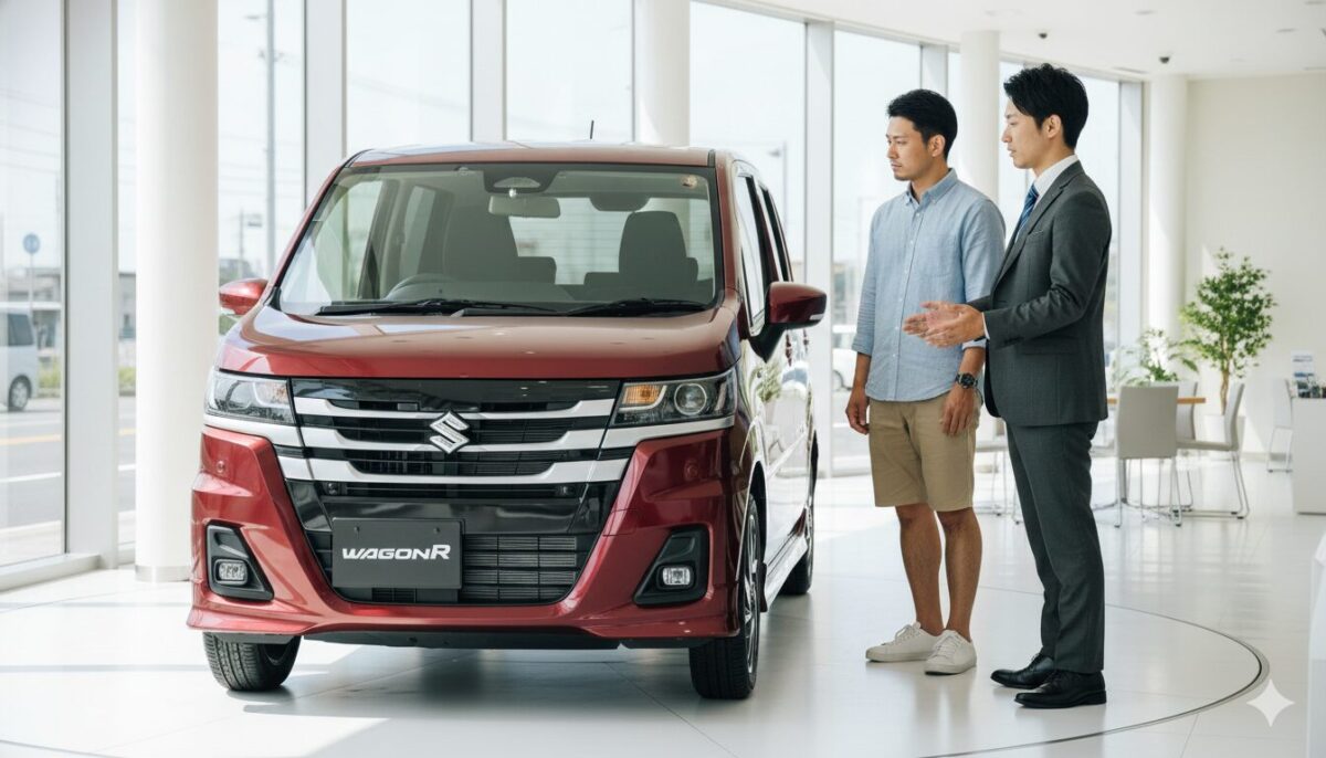 ディーラーで販売員からワゴンRの説明を受ける男性