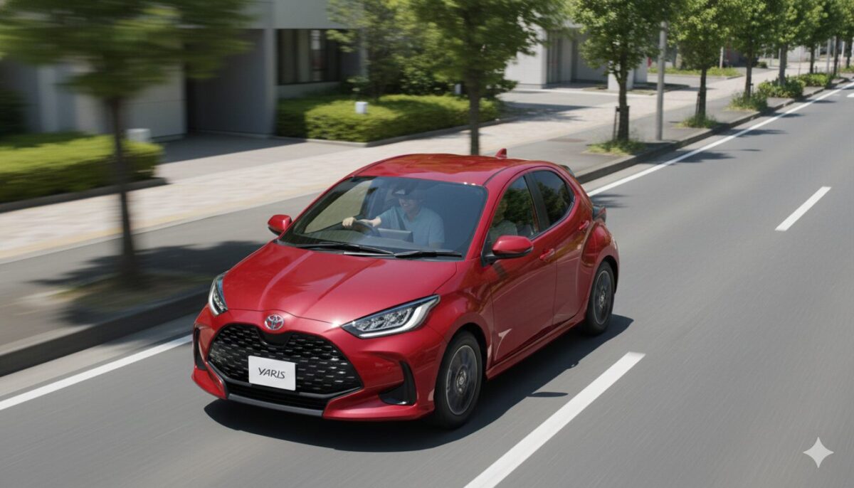 車道を走行する赤いヤリス