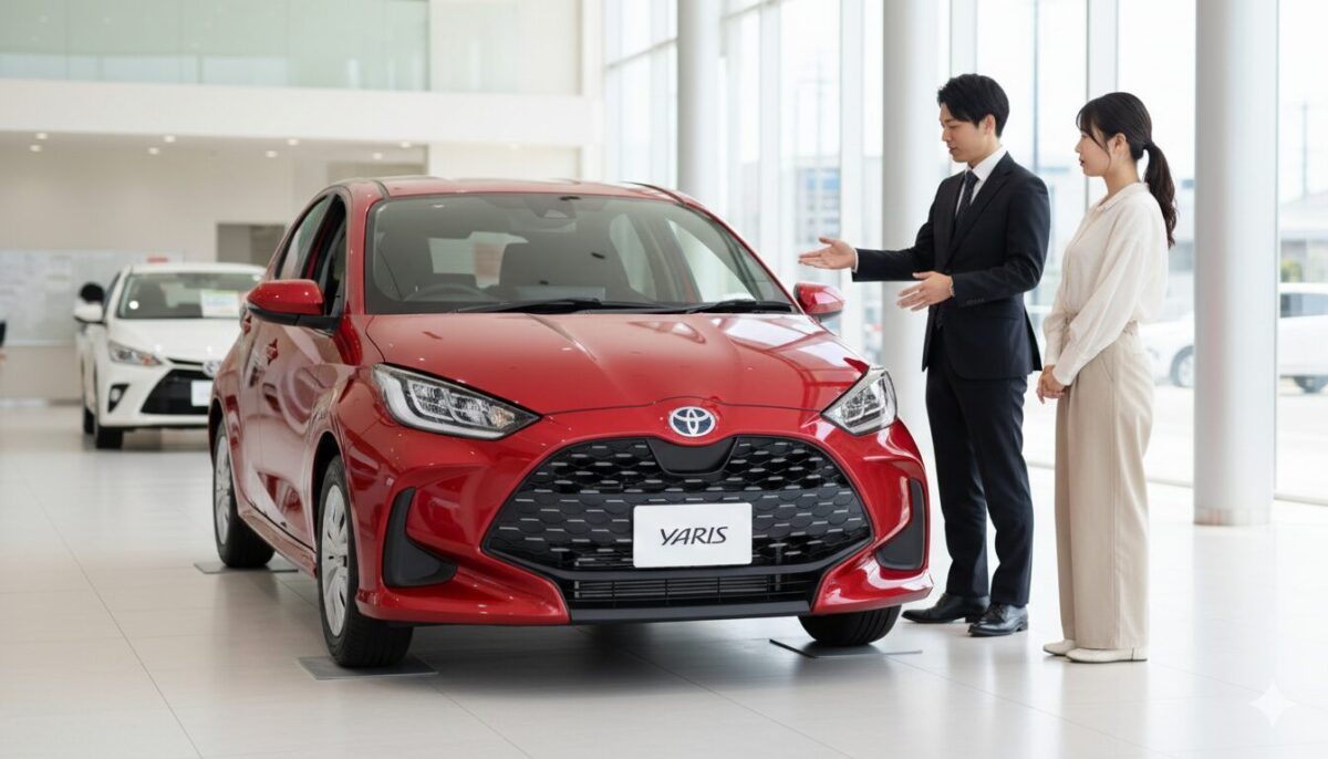 ディーラーでヤリスの説明を受ける女性