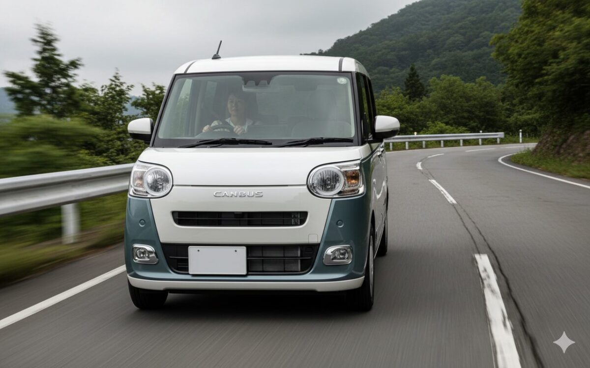 山道を走行する白のナンバーのムーブキャンバス