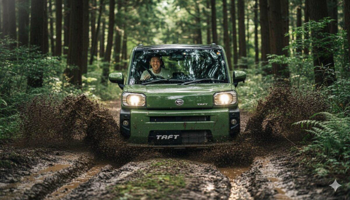 林道を泥を跳ね飛ばしながら走行するタフト