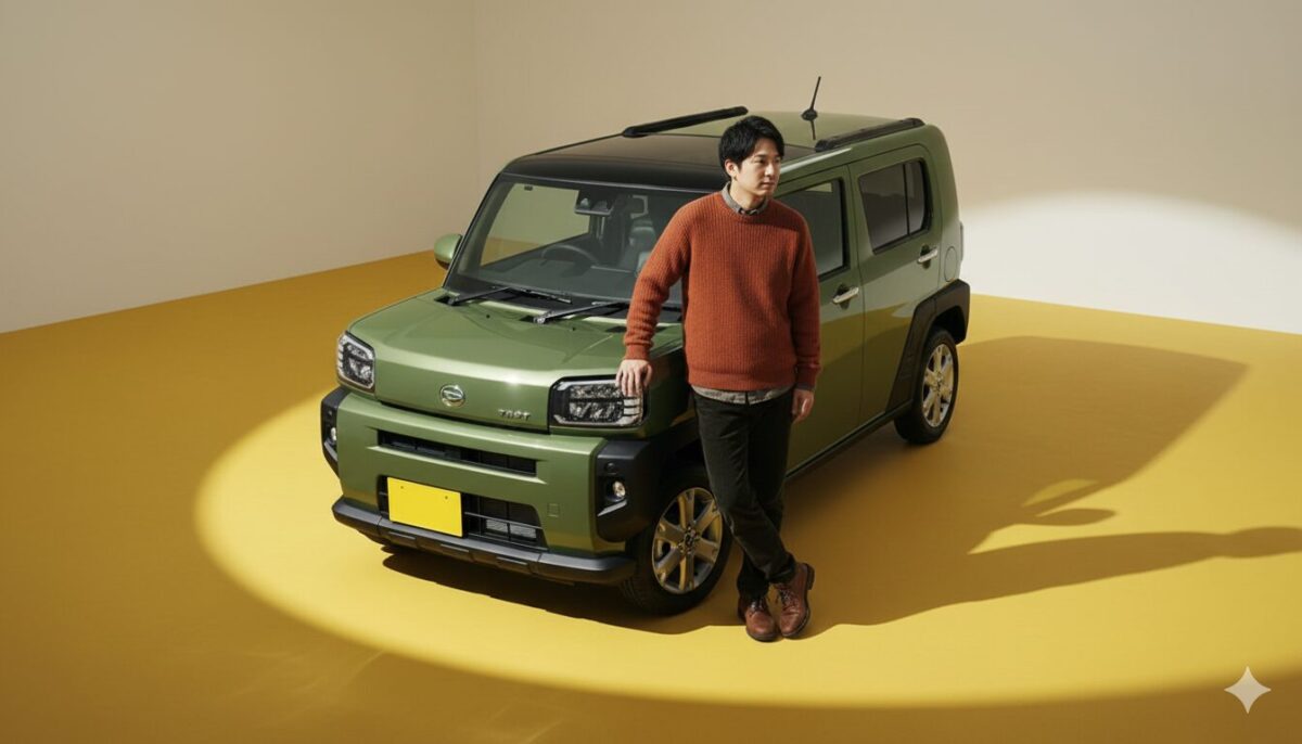 ステージに展示されたタフトに寄りかかる男性