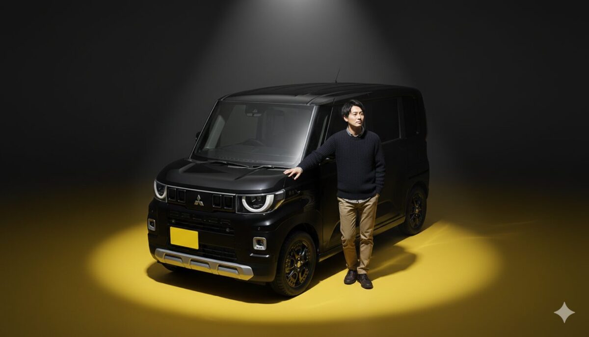 黒のデリカミニと一緒にステージに立つ男性