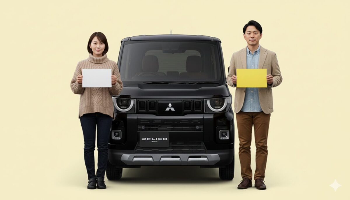 デリカミニの前で白ナンバーを持つ女性と黄色ナンバーを持つ男性