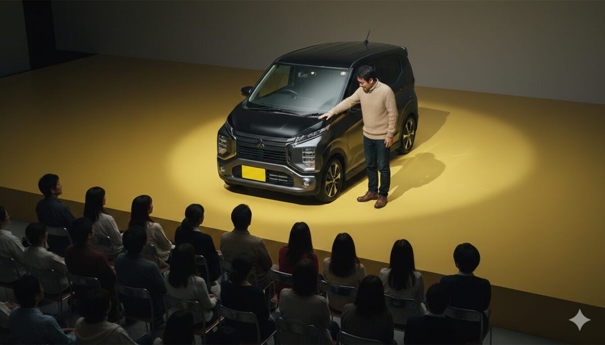 黄色く照らされたステージに置かれたekクロスとナンバーを指さす男性