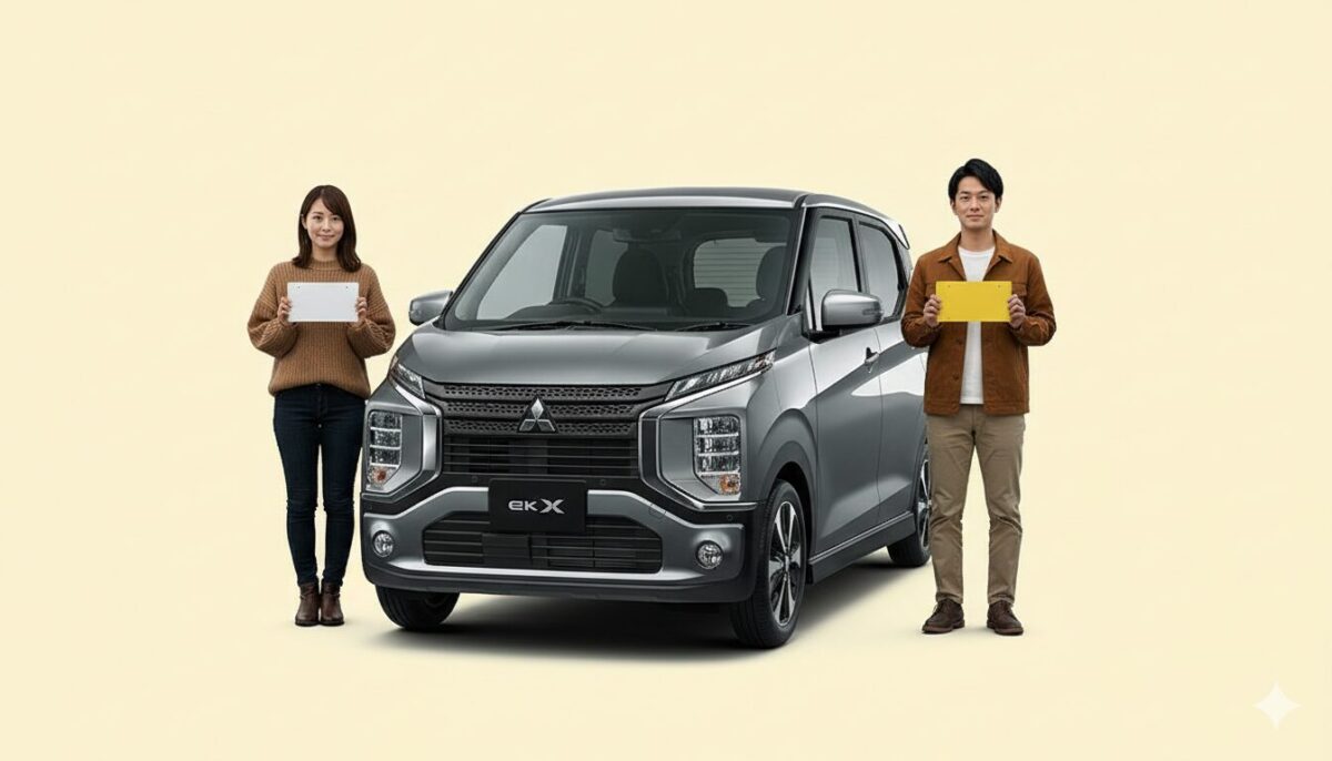 ekクロスの横で白ナンバーを持つ女性と黄色ナンバーを持つ男性