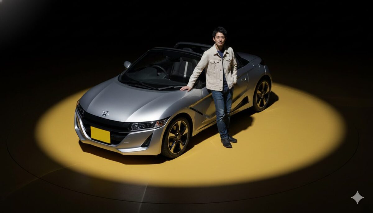 ステージに置かれたS660と横に立つ男性