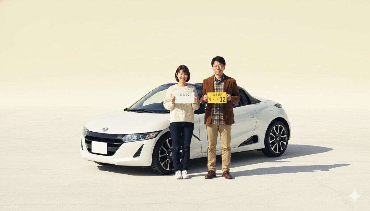 S660の前で白ナンバーを持つ女性と黄色ナンバーを持つ男性