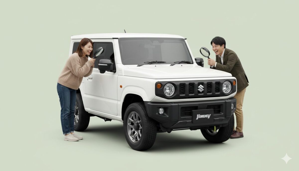 ジムニーを子細にチェックする30代の男女2人組