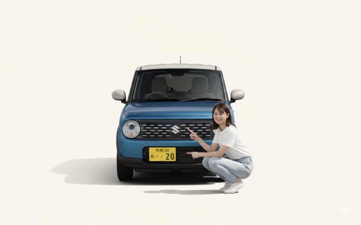 ラパンに付けられた黄色いナンバープレートを指さす女性