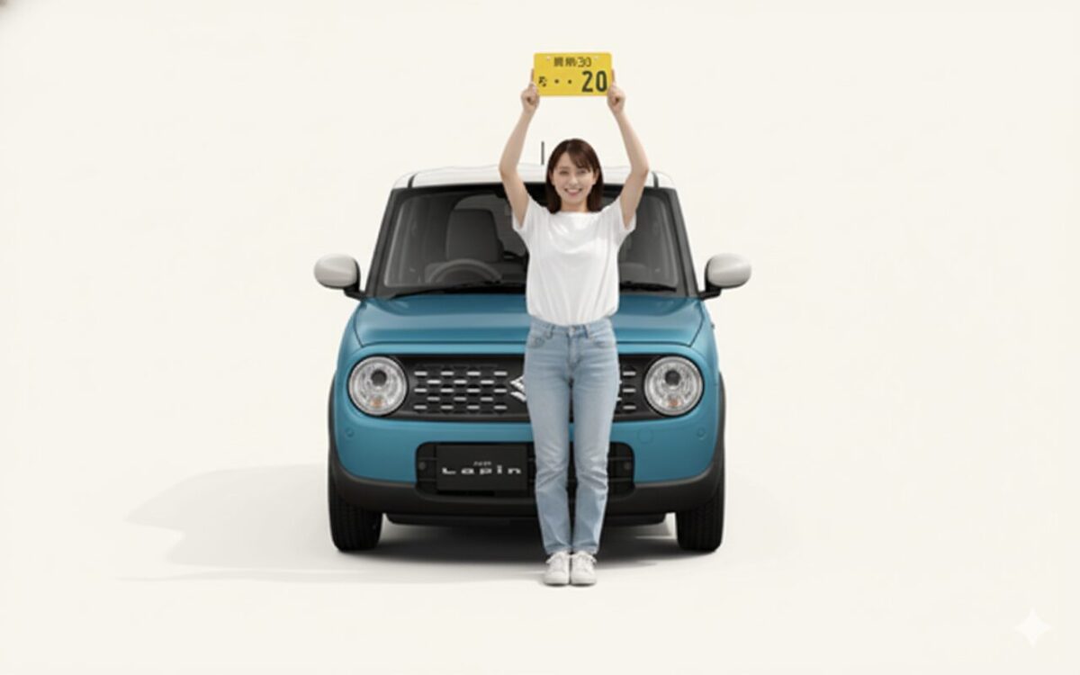 ラパンの前で黄色いナンバープレートを掲げる女性