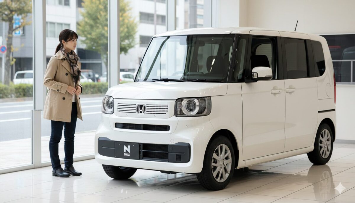 ディーラーで展示のN-BOXを注意深く観察する女性