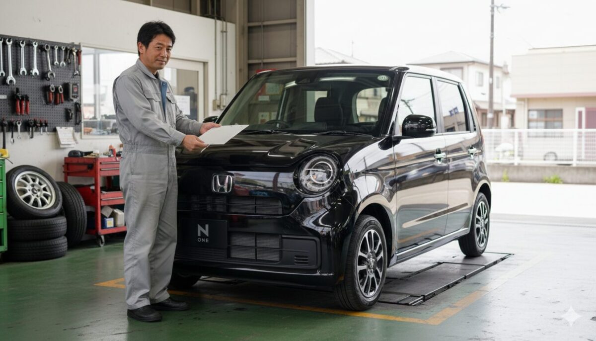 N-ONEに白ナンバーを付けようとしている男性