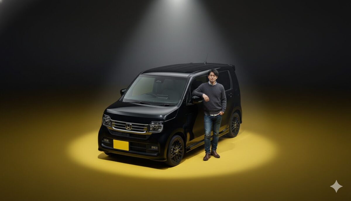 ステージに置かれたN-WGNと横に並ぶ男性