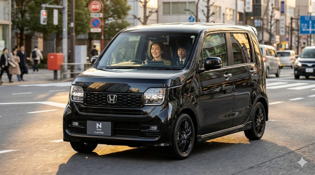 街中を走るN-WGNと運転する女性と後席に乗る小学生