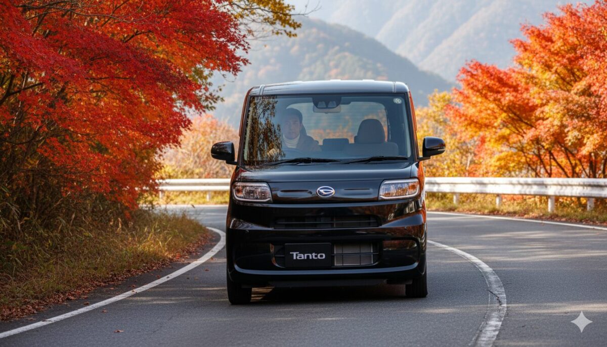 峠道を上る黒のタント