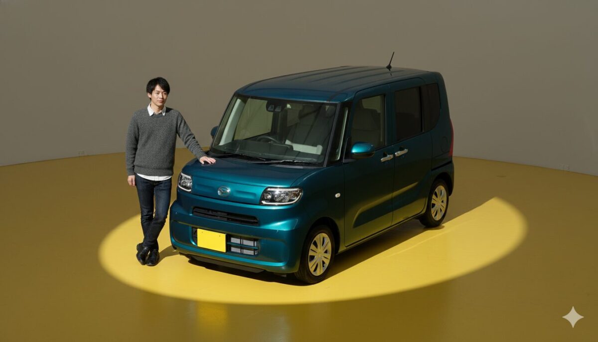 ステージに置かれた青のタントと20代の男性