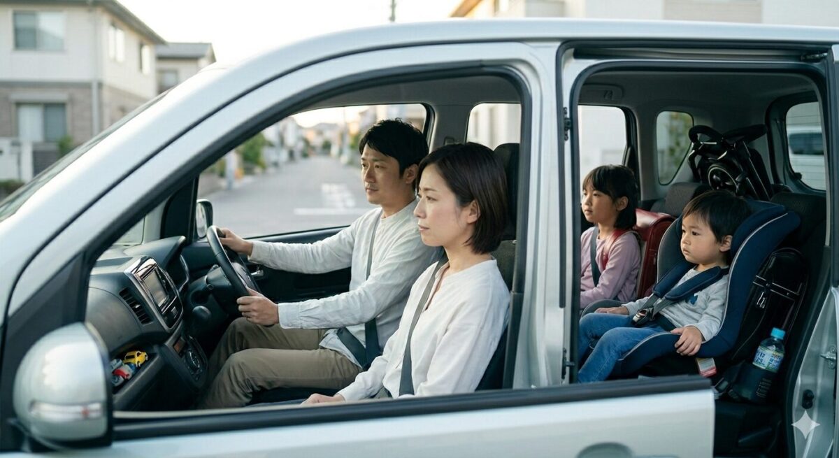 軽に4人で乗ってみて狭さを確認する家族