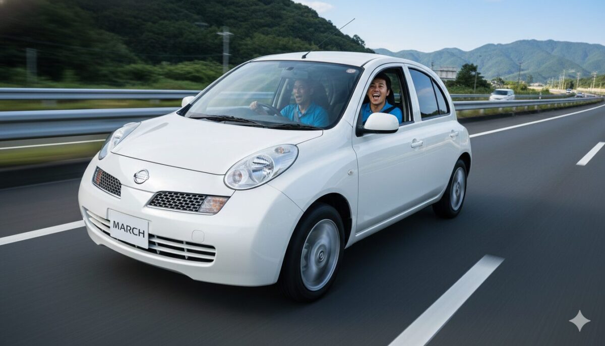 K12マーチで高速道路をドライブする男性2人組