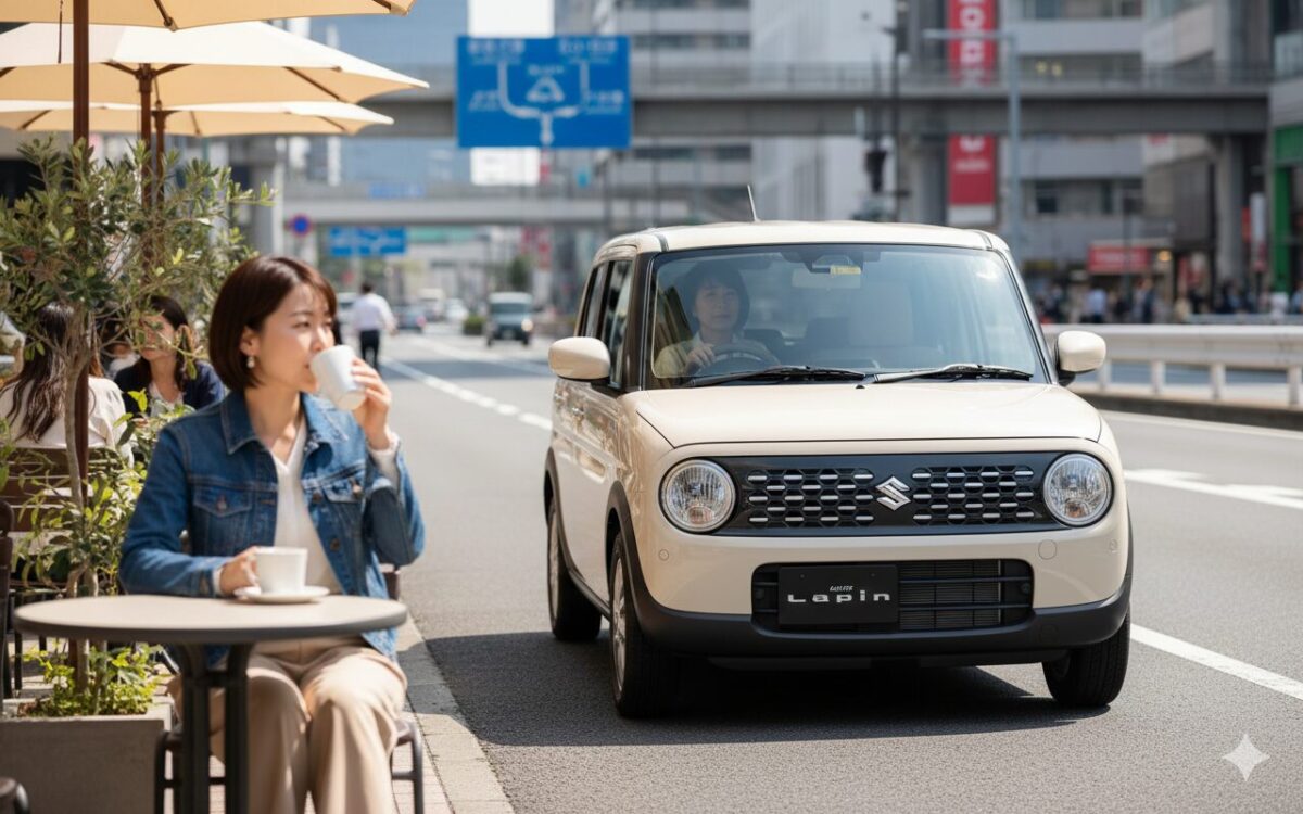 オープンカフェがある道を走行するラパン
