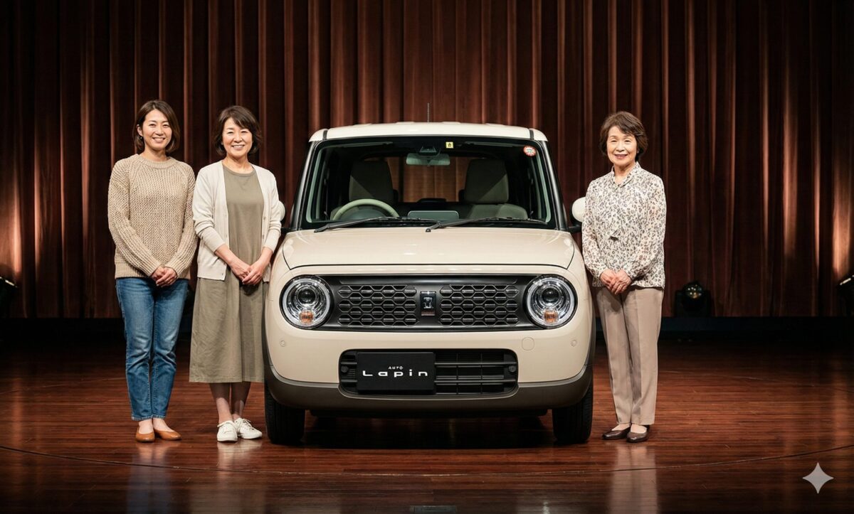 ラパンの脇に立つ40代・50代・60代の女性