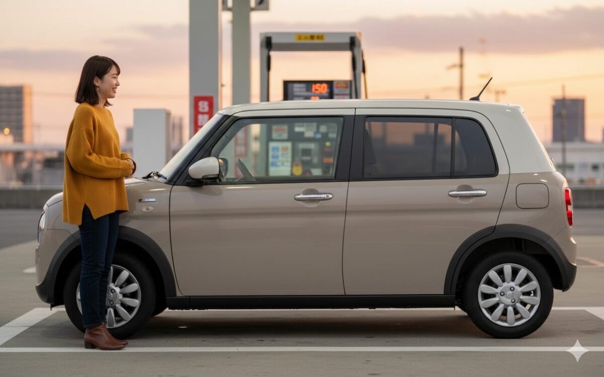 ガソリンに停めたラパンのそばに立っている女性