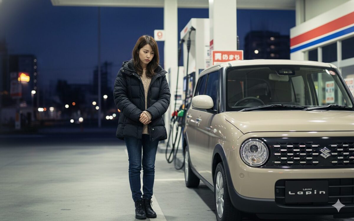 夜のガソリンスタンドにラパンを給油しにきた女性