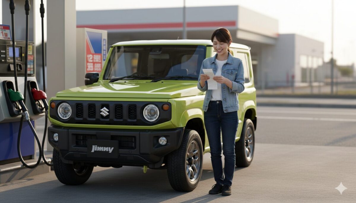 ガソリンスタンドにジムニーを停めレシートを確認する女性