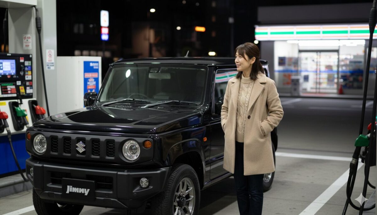 夜のガソリンスタンドにジムニーでやってきた女性