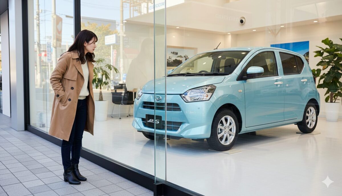 ショールームのミライースを眺めるコートを着た女性