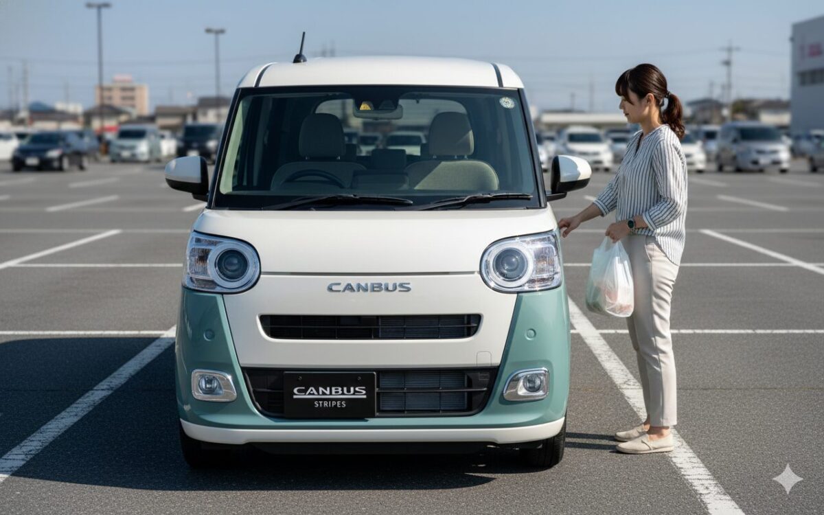 駐車場に停車したムーブキャンバスにビニール袋を片手に乗り込もうとする女性