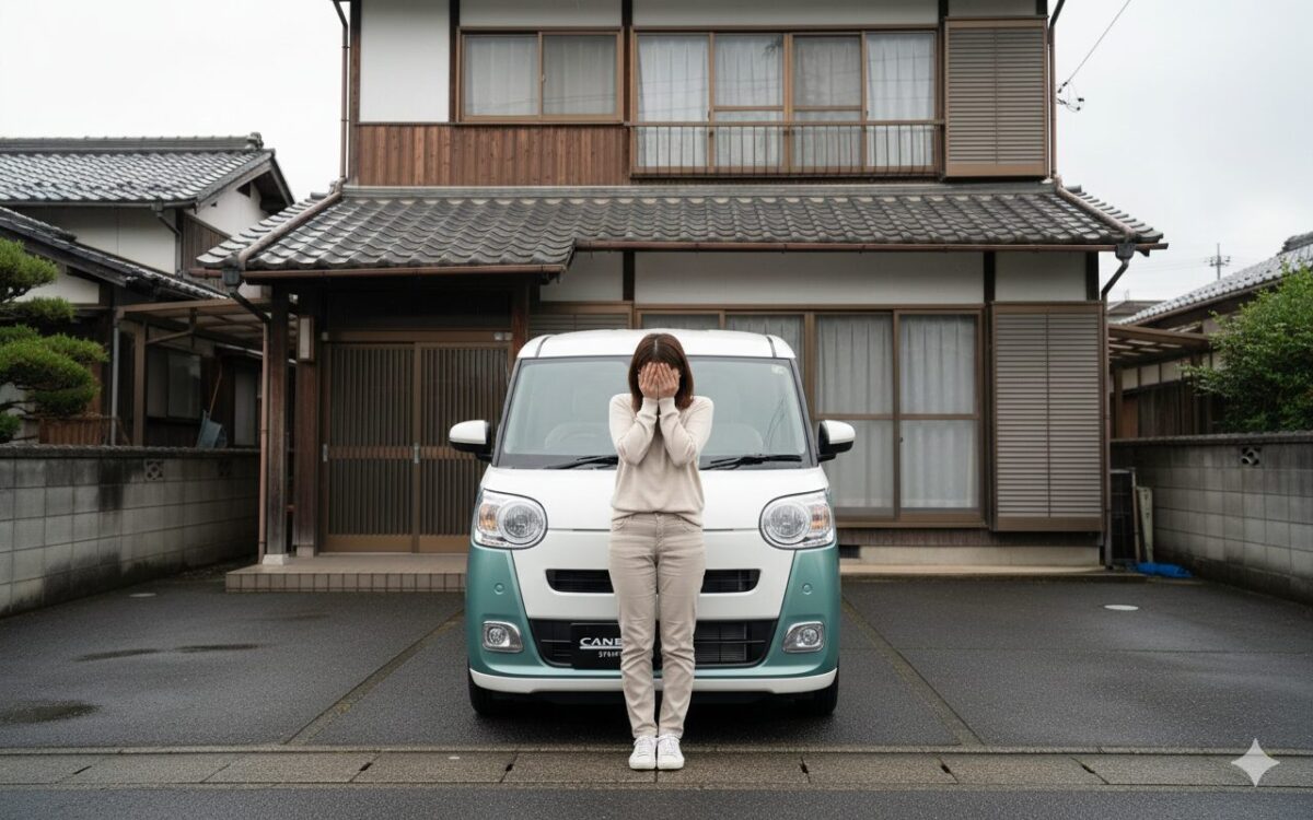 家に庭に駐車したムーブキャンバスの前で恥ずかしがる女性