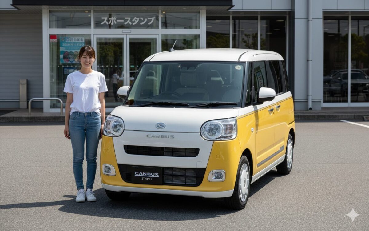 スポーツジムの駐車場でムーブキャンバスの脇に立つ20代の女性